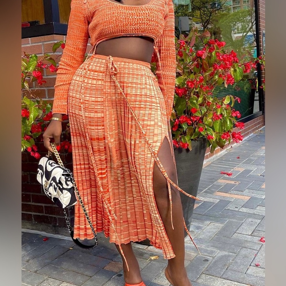 Christopher Esber Pleated Knit Tie Skirt in Tangerine Marle